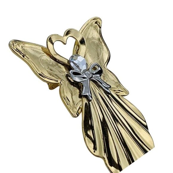 Vintage Jane Glass Crystal Gold Tone Heart Angel Brooch Pin Signed - Picture 3 of 7